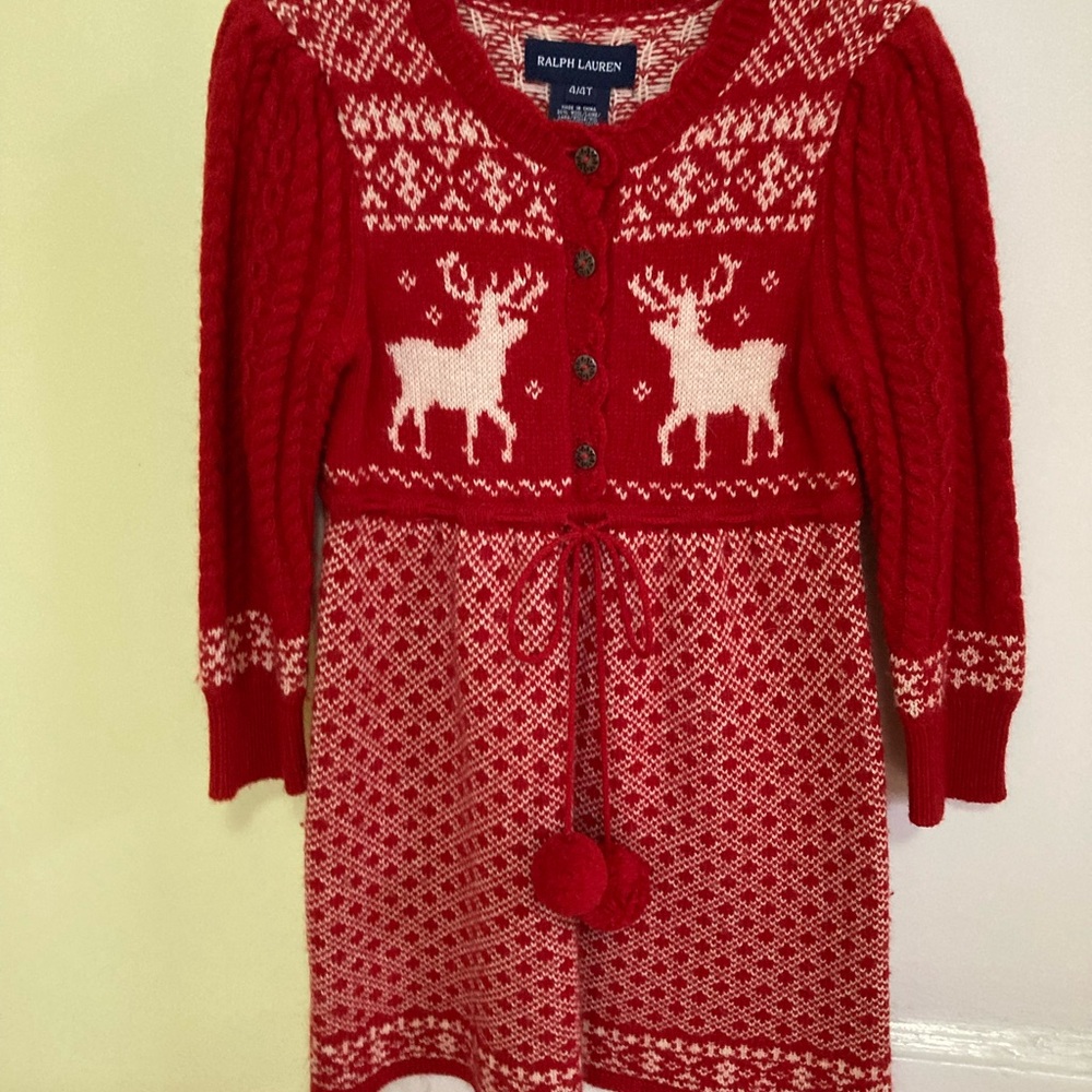 Ralph Lauren Red Knit Dress with Reindeer Design